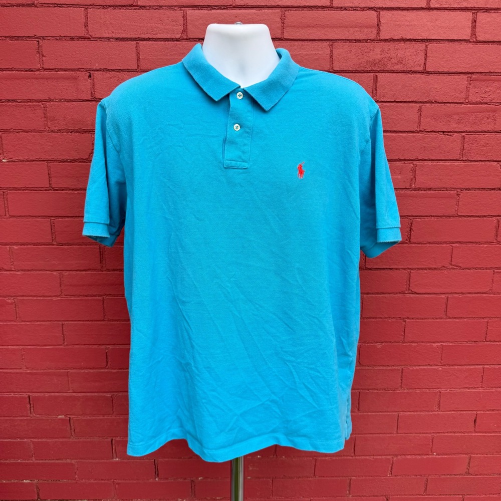 Ralph Lauren Polo Shirt Mens XXL Aqua Blue‎ Red Pony Logo Short Sleeve Cotton